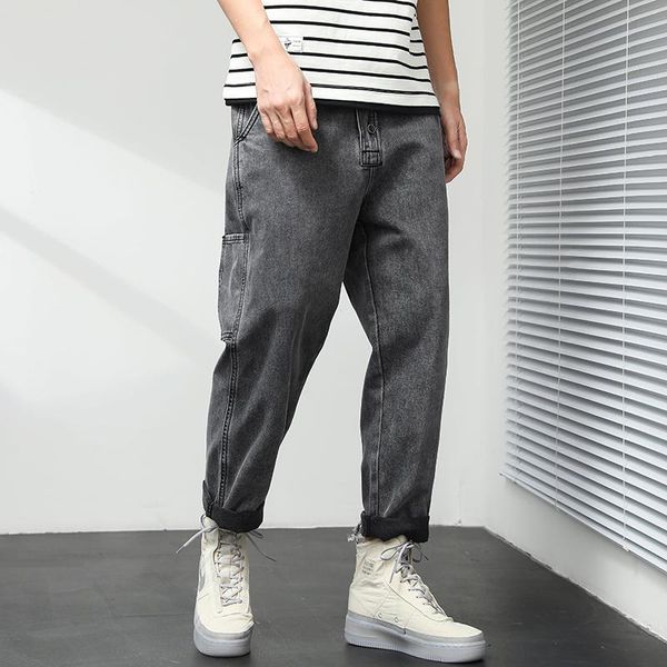

summer classic brand straight loose denim cropped pants high street hip hop men's harem tapered jeans, Blue