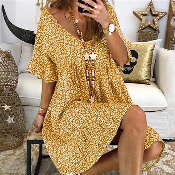 

summer holiday beach shirt womens dresses v neck boho floral print flare sleeve lady party plus size, Black;gray