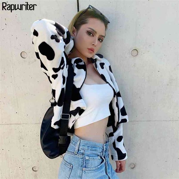 

fashion turn down collar milk cow furry jacket women streetwear long sleeve bomber zipper coat loose autumn 210510, Black
