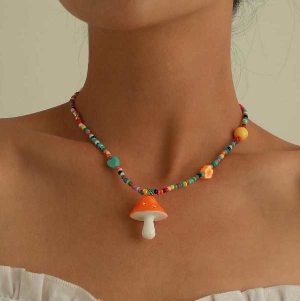 

pendant necklaces diezi multicolor acrylic flower heart beads choker necklace for women sweet girls bohemian big mushroom jewelry, Silver