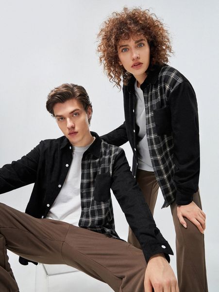

1pc plaid patched pocket corduroy shirt p75p#, White;black