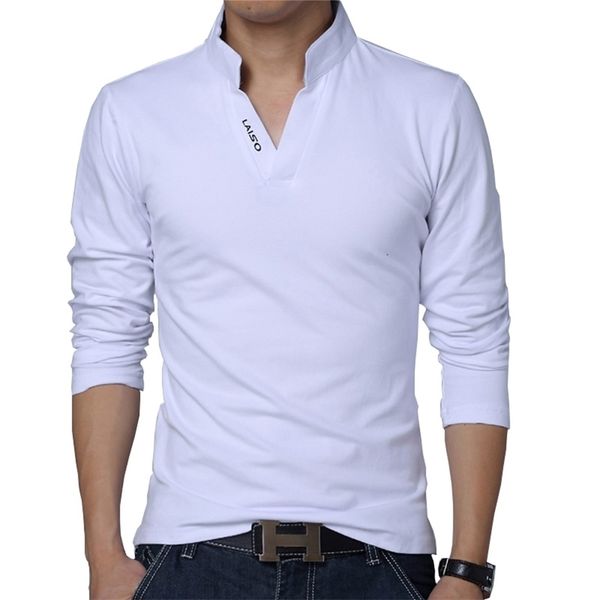 

t-shirt men spring cotton t shirt men solid color tshirt mandarin collar long sleeve men brand slim fit tee shirts 5xl 210329, White;black