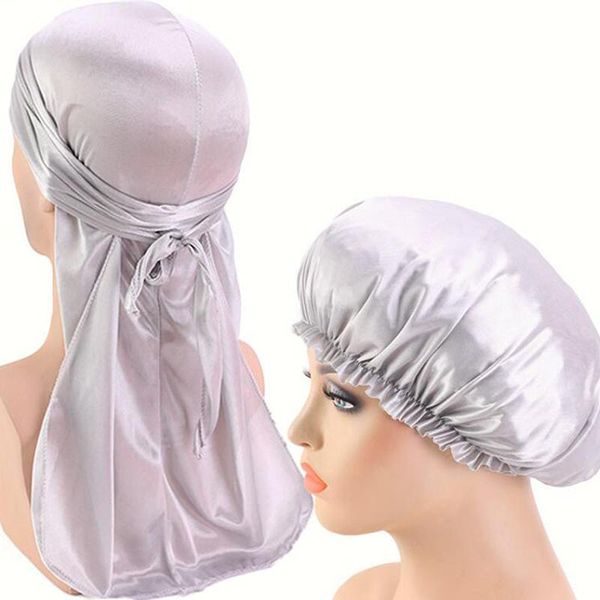 

silky durag long tail and wide straps waves for men solid doo rag bonnet cap comfortable sleeping hat shower caps