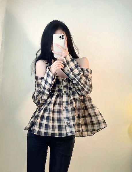 

women's blouses & shirts almond chocolate brown check stripe shoulder shirt top, White