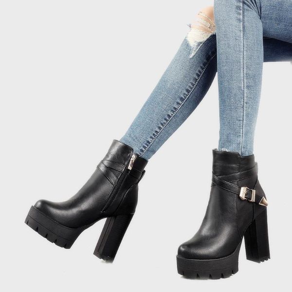 

boots brand classic buckles cool ankle booties fashion for dropship big size 43 square high heels footwear shoes women, Black