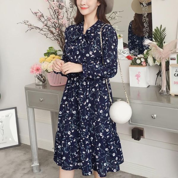 

casual dresses floral print elegant chiffon dress women long sleeve party female 2021 spring autumn midi ladies vestidos clothes, Black;gray
