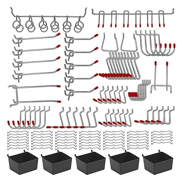 

hooks & rails 114 pcs pegboard assortment with metal sets, bins, peg locks for organizing storage system tools
