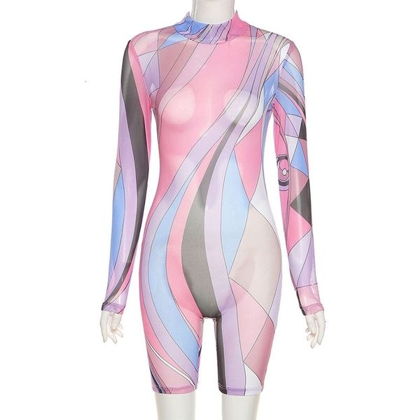 

women's jumpsuits & rompers long sleeve geometric print bodycon women fashion mesh jumpsuit shorts high waist short em3e, Black;white
