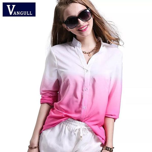 

women's blouses & shirts autumn style fashion clothing european american chiffon gradient long sleeve mandarin collar casual female, White