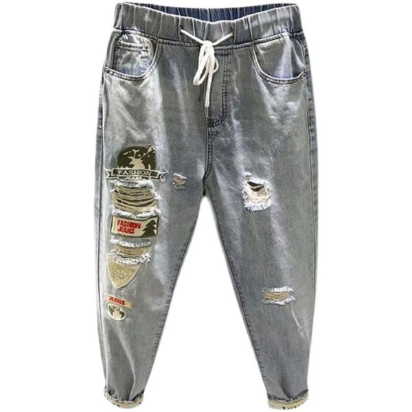 

ebaihui summer nine cents jeans for men trendy popular ripped thin mid waist jeans loose leisure handsome youth trousers, Blue