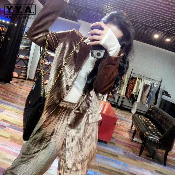 

office ladies autumn loose fit velvet pants suits outfits women fashion long blazer jacket elastic waist two piece sets women's & blaze, White;black