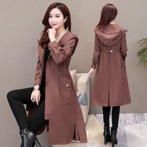 

women's trench coats 2021 spring autumn long coat women casual thin windbreaker female overcoat slim outwear plus size, Tan;black