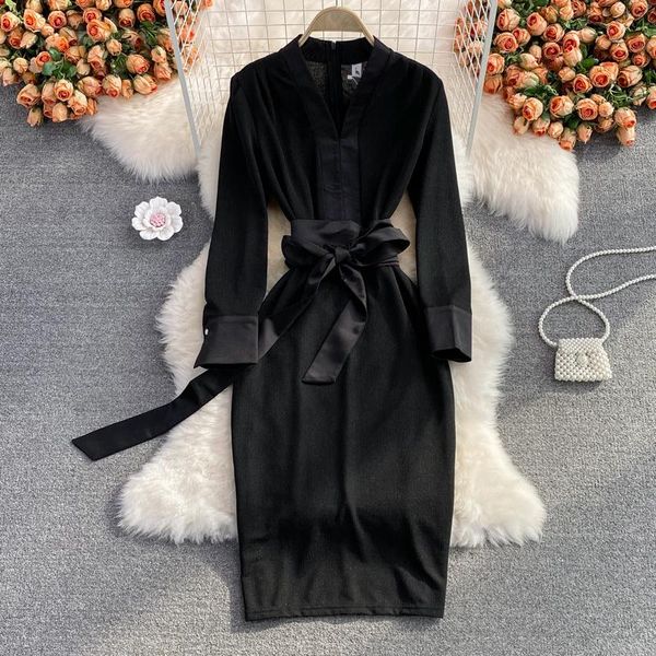 

casual dresses autumn high cold imperial sister style ol celebrity waist v-neck black long sleeve dress elegant hip wrap, Black;gray