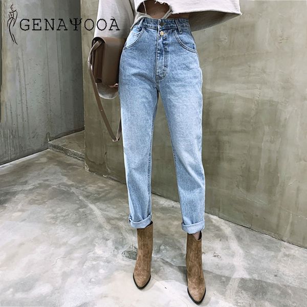 

genayooa korean womens jeans streetwear ladies slouchy jeans denim high waist cotton vintage pencil pants 2021 summer mom jeans, Blue