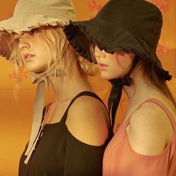 

wide brim hats ncmama women girls sweet ruffles bucket hat with satin long ribbon japanese lolita bowknot sunscreen fisherman cap, Blue;gray