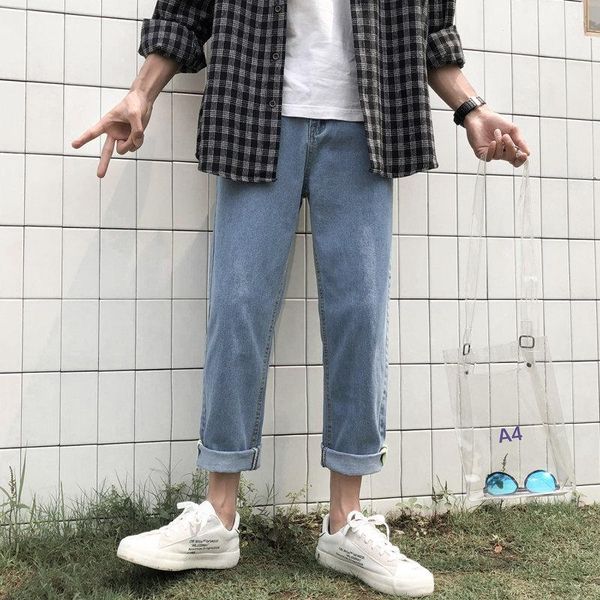 

spring boys light nine-point jeans men's thin tide brand loose straight pants youth wide-legged, Blue