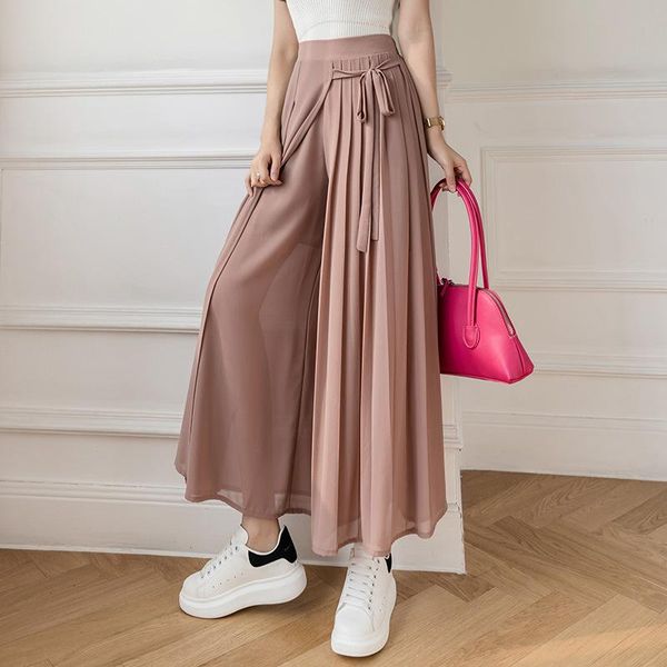 

women's pants & capris chiffon wide leg high waist drop feeling 2021 spring and summer slim fake two-piece skirt design, Black;white