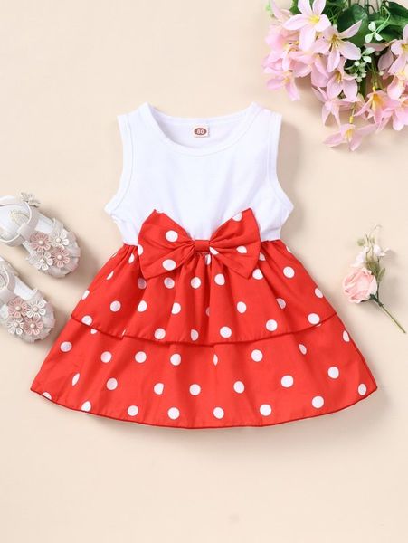 

baby polka dot print bow front dress she, Red;yellow
