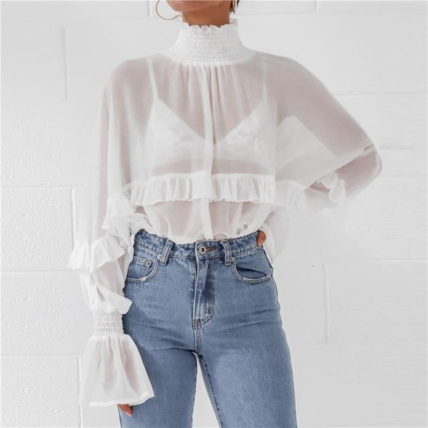 

women's blouses & shirts women see through ruffle chiffon blouse elegant perspective long sleeve shirt turtleneck camisas mujer y0pa, White