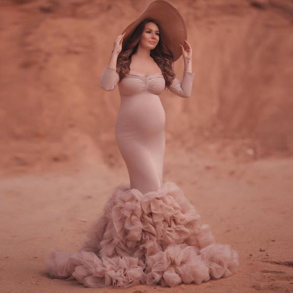 

casual dresses chic mermaid maternity long sleeves tulle ruffles fluffy prom party gowns for poshoot pregnant women custom, Black;gray