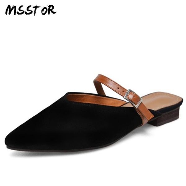 

pointed toe women slippers summer black kid suede pink casual fashion concise high heels buckle strap mules shoes