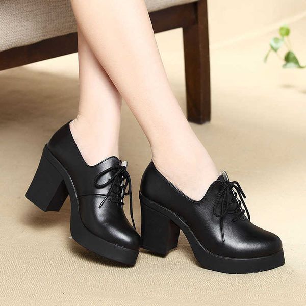 

leather layer casual lace up single sho women's thick heels high mother's cotton