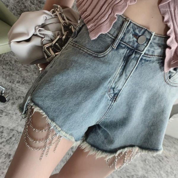 

women's jeans womengaga denim shorts 2021 summer chain tassel personality streetwear casual loose straight girl female b033, Blue