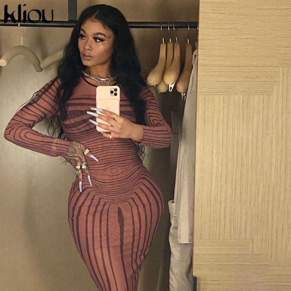 

kliou printed women skinny maxi dresses long sleeve o-neck spring 2021 casual street style bodycon dress female clothing, Black;gray