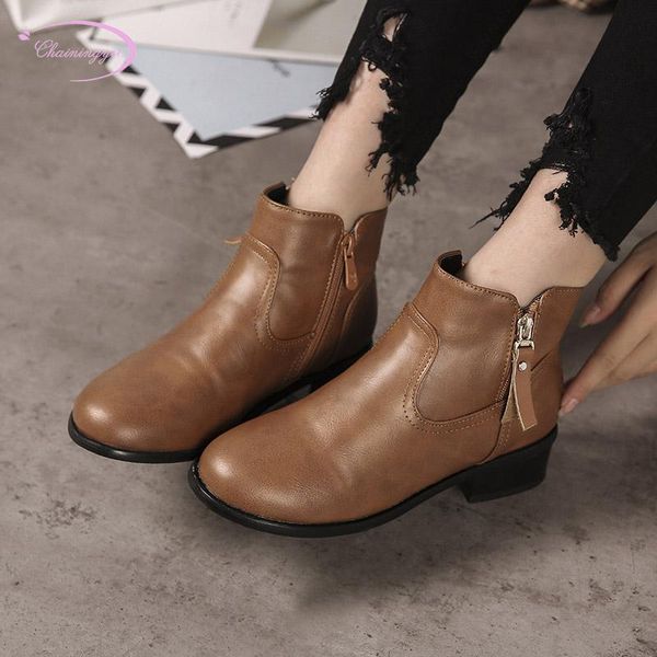 

boots british retro style round head autumn ankle fashion zipper black brown low heel thick motorcycle women's shoes