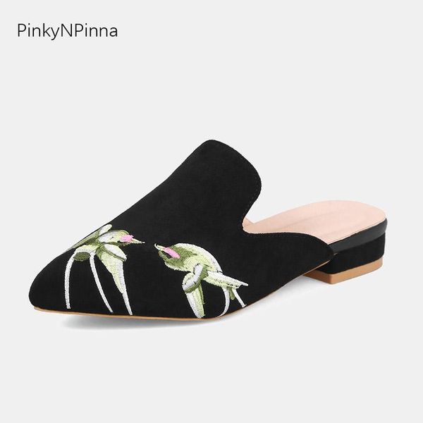 

slippers 2021 fashion mules pointed cover toe birds embroidery block heel ladies designer casual suede shoes woman outdoor party, Black