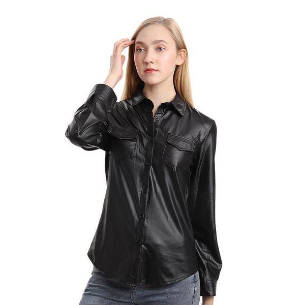

nightclub womens shirts pu leather long sleeve shirt blouse lady fashion striped casual elegant business, White