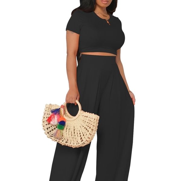 

vintage office lady matching sets women 2 piece outfits short sleeve crop and wide leg pants fashion summer wholesale cloth 210525, White
