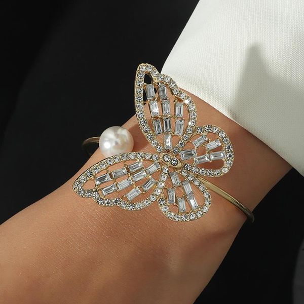 

luxury shiny rhinestones crystal butterfly cuff bracelets bangles charm elegant imitation pearl wrist bracelet for women jewelry, Golden;silver