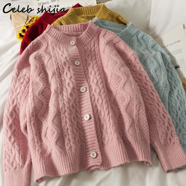 

women's knits & tees cardigan women autumn 2021 pink cropped sweater female long-sleeve single breasted knit korean loose cross, White