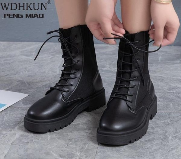 

boots women shoes woman fashion flat round pu elastic lace black comfortable