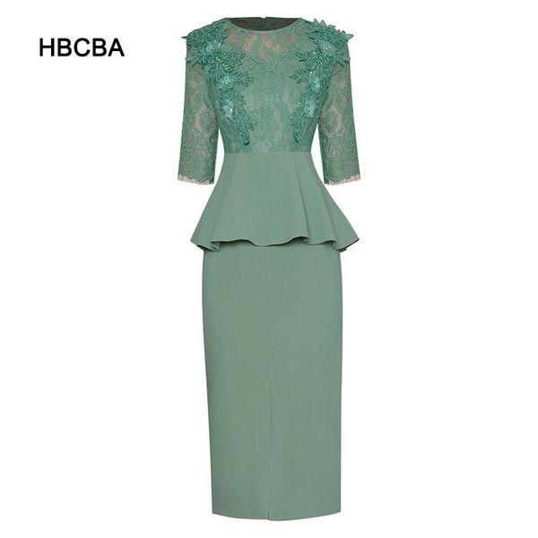 

casual dresses hbcba 2021 summer fashion party dress women's slim o-neck lace short sleeve embroidered ruffles solid pencil midi, Black;gray