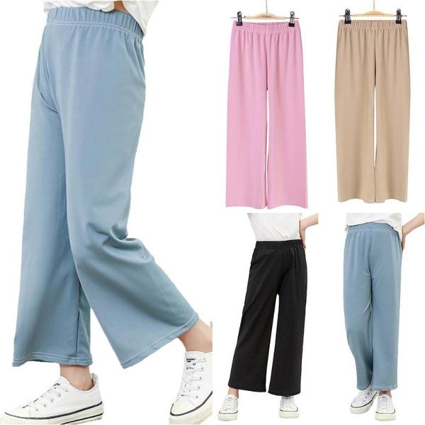 

trousers kids girls summer wide leg pants high waist solid color casual long, Blue