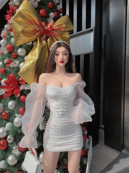 

casual dresses gothic off shoulder puff sleeve mini dress women white vintage mesh patchwork high waist pleated girls fashion party, Black;gray