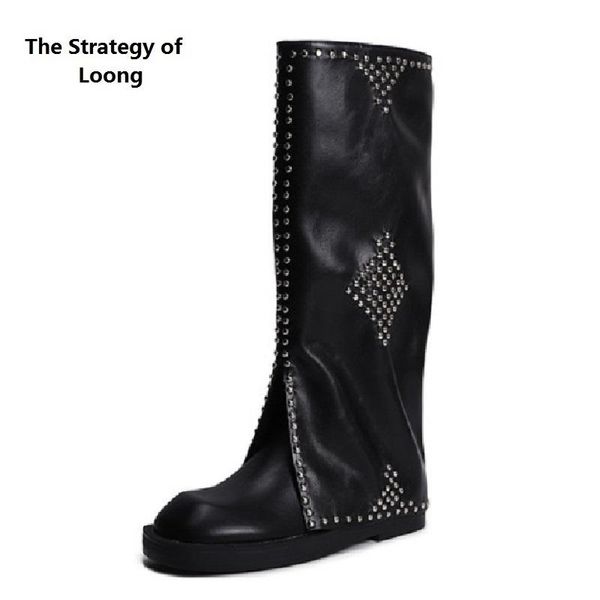 

boots spring autumn fashion low heels rivet slip-on women long modern trouser ladies knee-high equestrian botas 0914, Black