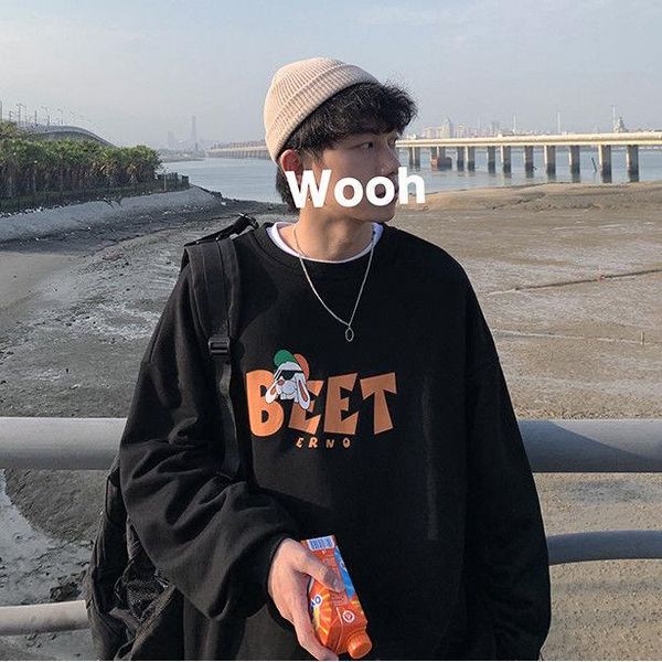 

autumn/winter cotton round neck sweatshirt men long sleeves loose cuffs handsome casual hong kong style lover jacket men's hoodies & sw, Black