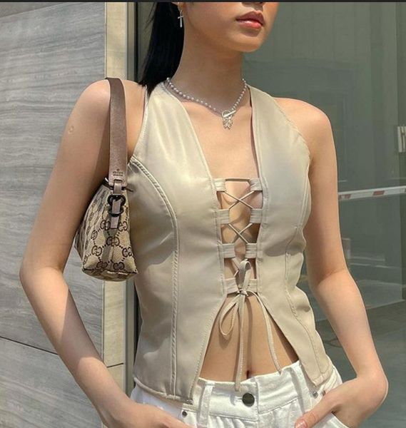 

women's tanks & camis women summer crop , solid color hollow-out cross straps sleeveless tank for girls, beige, White
