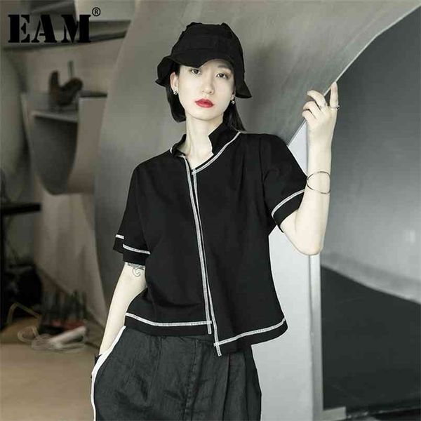 

[eam] women black line stitch irregular big size t-shirt v-collar short sleeve fashion spring summer 1x004 210708, White