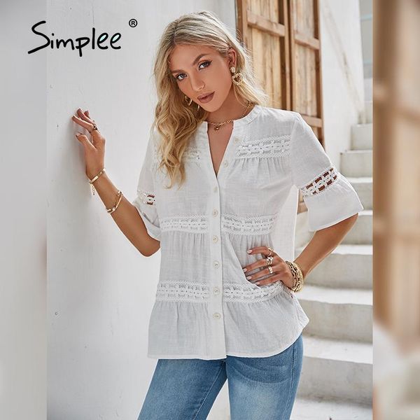 

women's blouses & shirts simplee holiday embroidery stitching women blouse summer button v-neck half sleeve female solid beach style ca, White