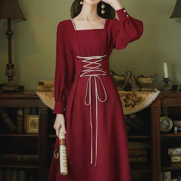 

casual dresses houzhou women dress elegant vintage long sleeve midi red bandage french style square collar spring autumn party outfits, Black;gray