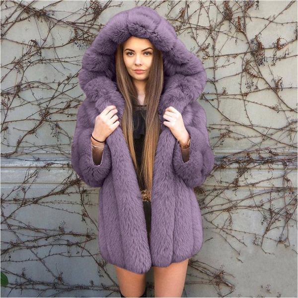 

women's fur & faux winter women coat solid loose lapel overcoat thick warm plus size female plush coats #t2g, Black