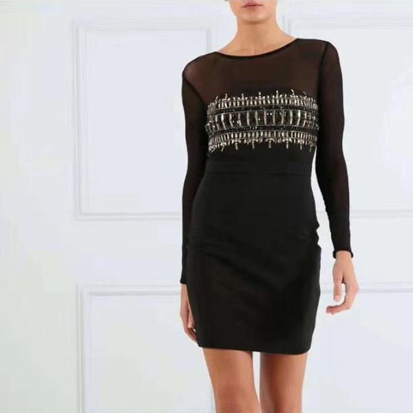

casual dresses shining beading celebrity evening party dress long sleeve bodycon winter bandage black wholesale, Black;gray
