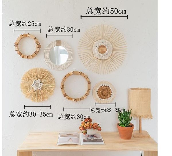 

decorative objects & figurines ins nordic sun circular wall decor rope grass weaving feather mirror wooden home stay facility pography