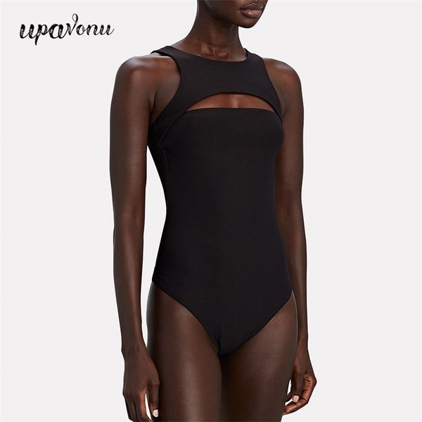 

women's pantsless jumpsuit black o-neck sleeveless hollow bodycon club party 210524, Black;white