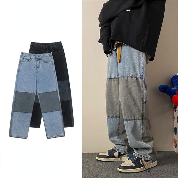 

men's jeans patchwork denim pants black blue relaxed fit men hip hop baggy straight loose masculina trousers