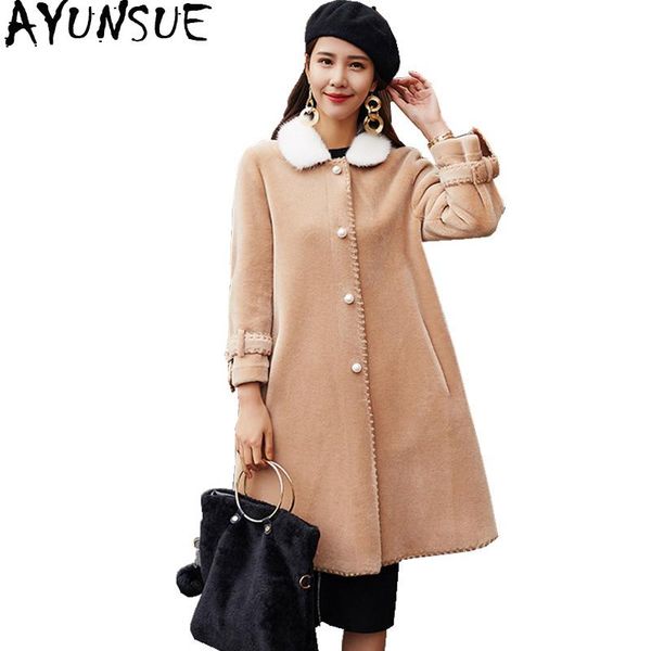 

luxury sheep shearling coats 2021 women winter female jacket real wool fur coat with natural mink collar 17309 women's & faux, Black